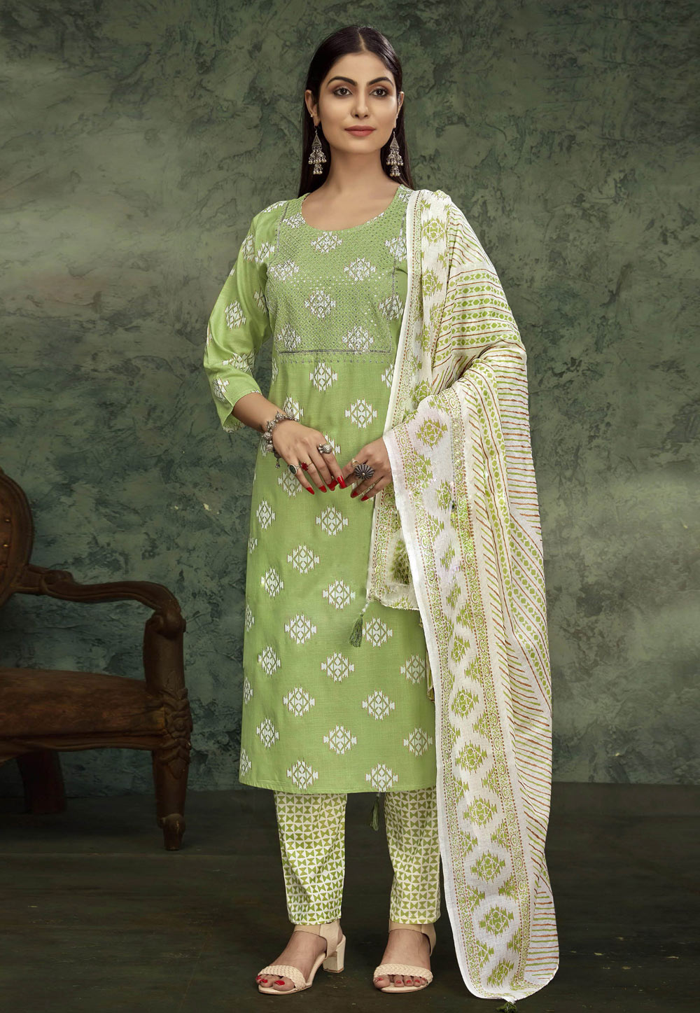 Pista Green Rayon Readymade Pant Style Suit 250076