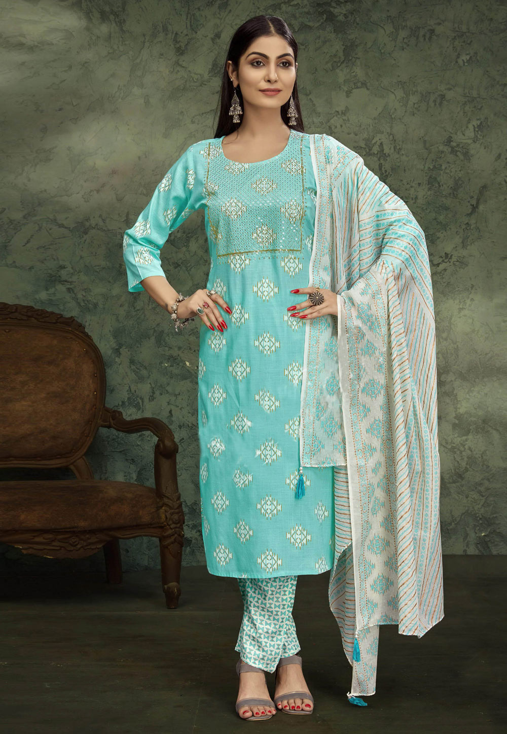 Sky Blue Rayon Readymade Pant Style Suit 250078