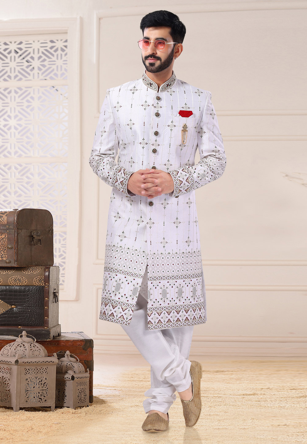 White Silk Achkan Style Sherwani 260194