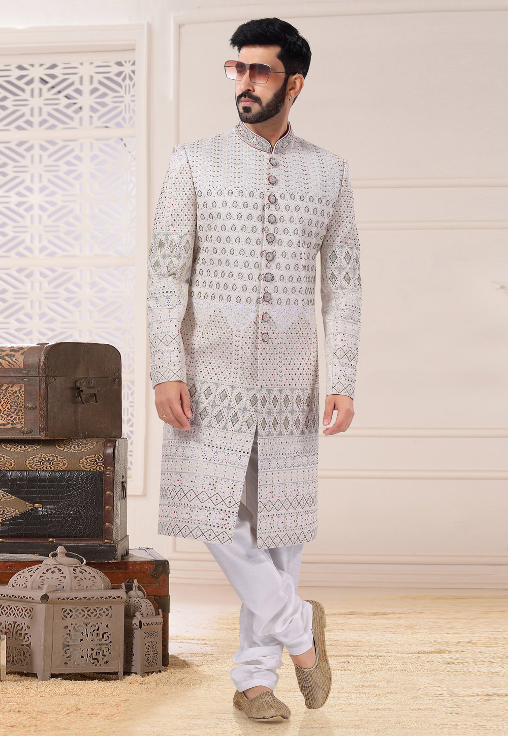 Off White Silk Achkan Style Sherwani 260196