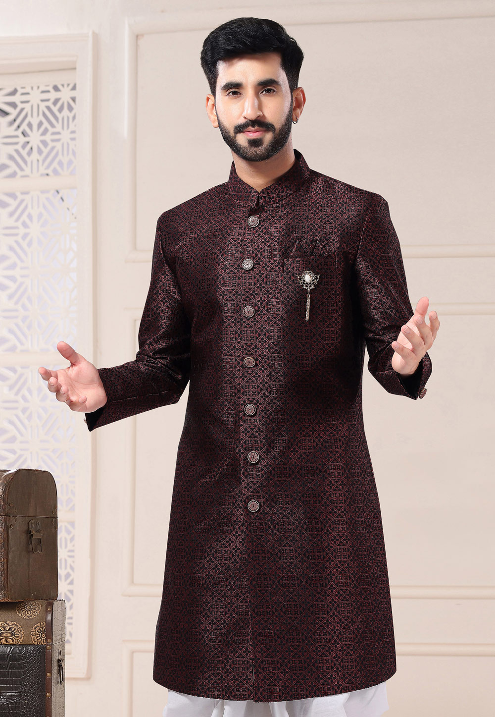 Wine Jacquard Dhoti Sherwani 260198