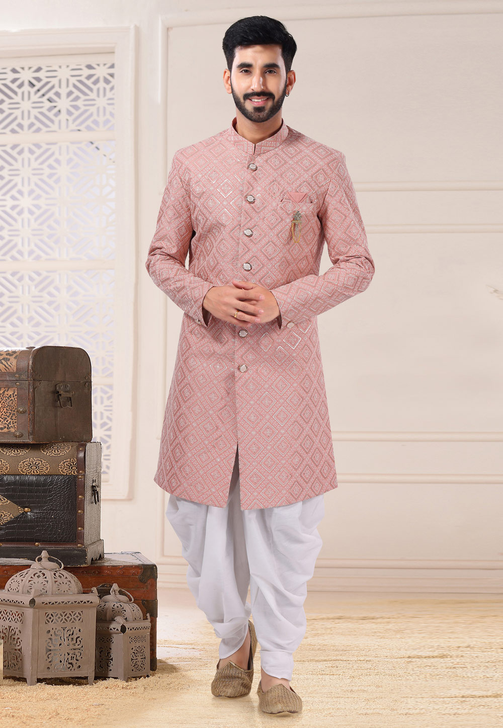 Pink Silk Dhoti Sherwani 260201