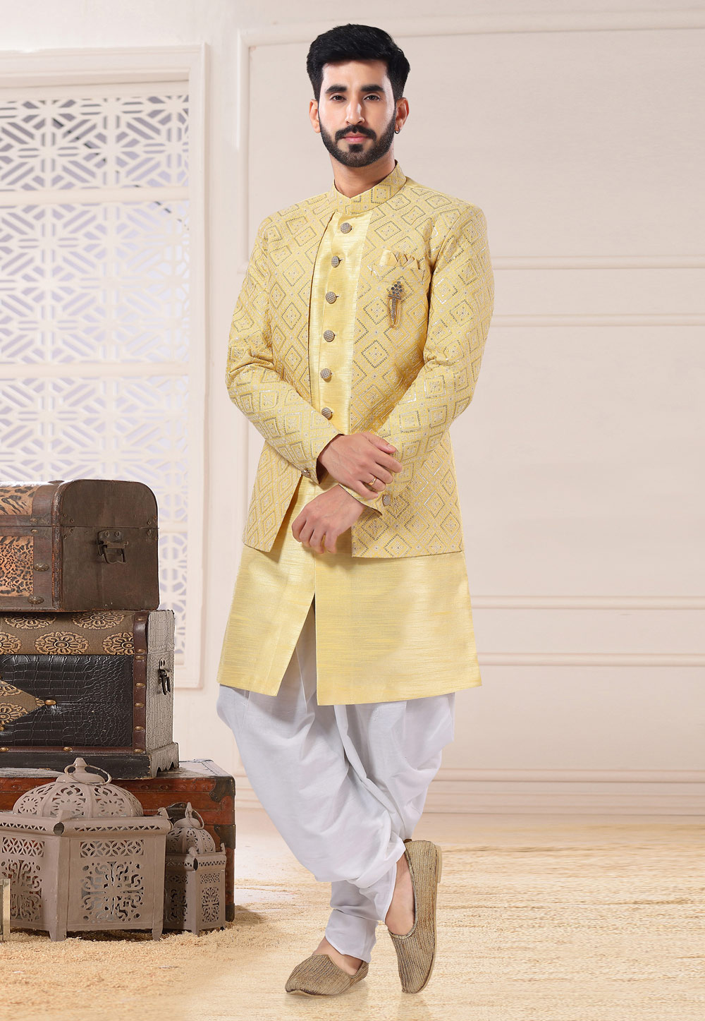Yellow Silk Jacket Style Sherwani 260202