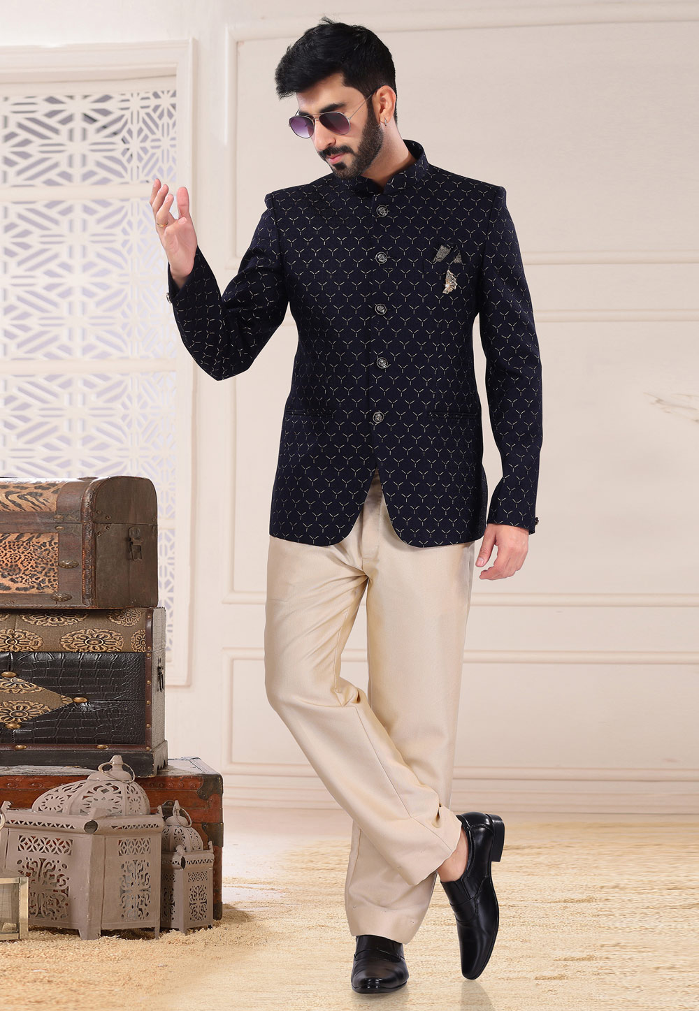 Navy Blue Jacquard Jodhpuri Suit 260205