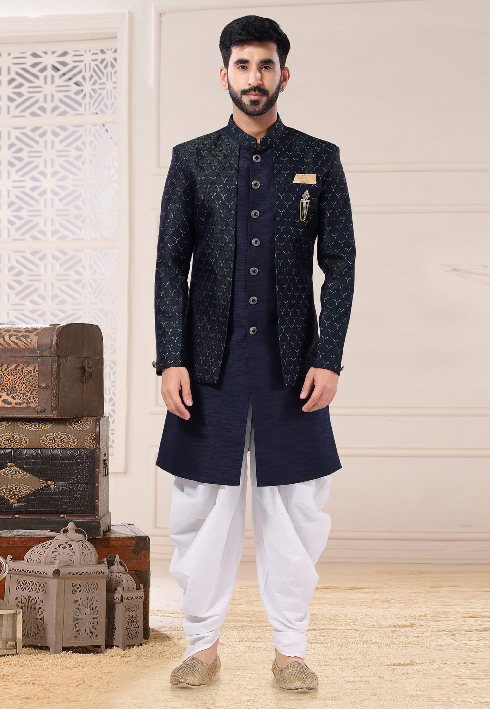 Navy Blue Silk Jacket Style Sherwani 260207