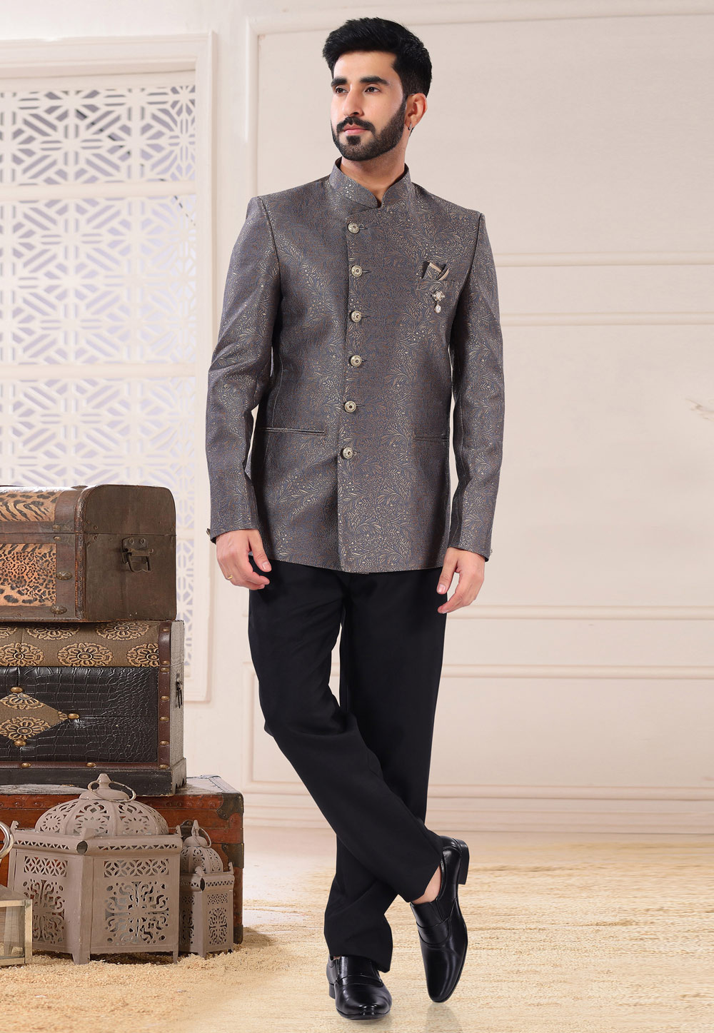 Grey Jacquard Jodhpuri Suit 260208