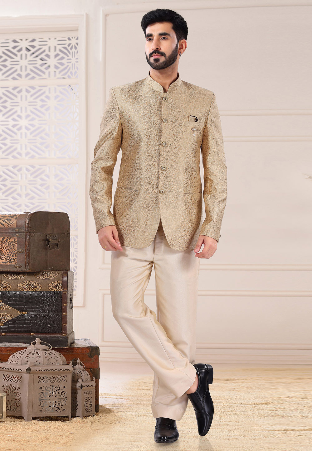 Beige Jacquard Jodhpuri Suit 260209