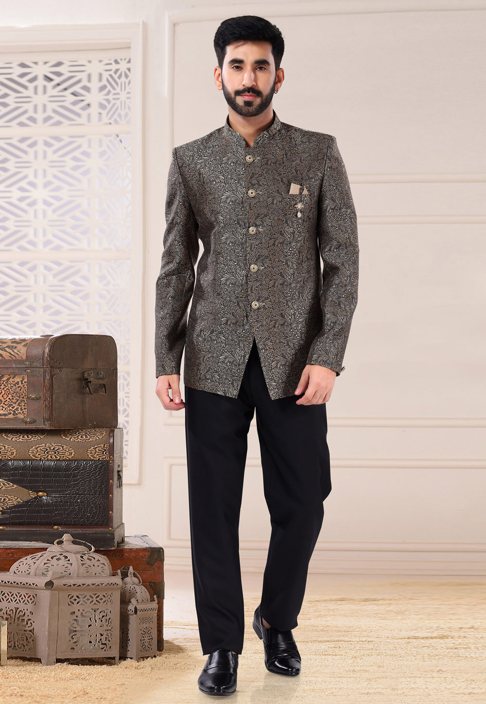 Grey Jacquard Jodhpuri Suit 260210