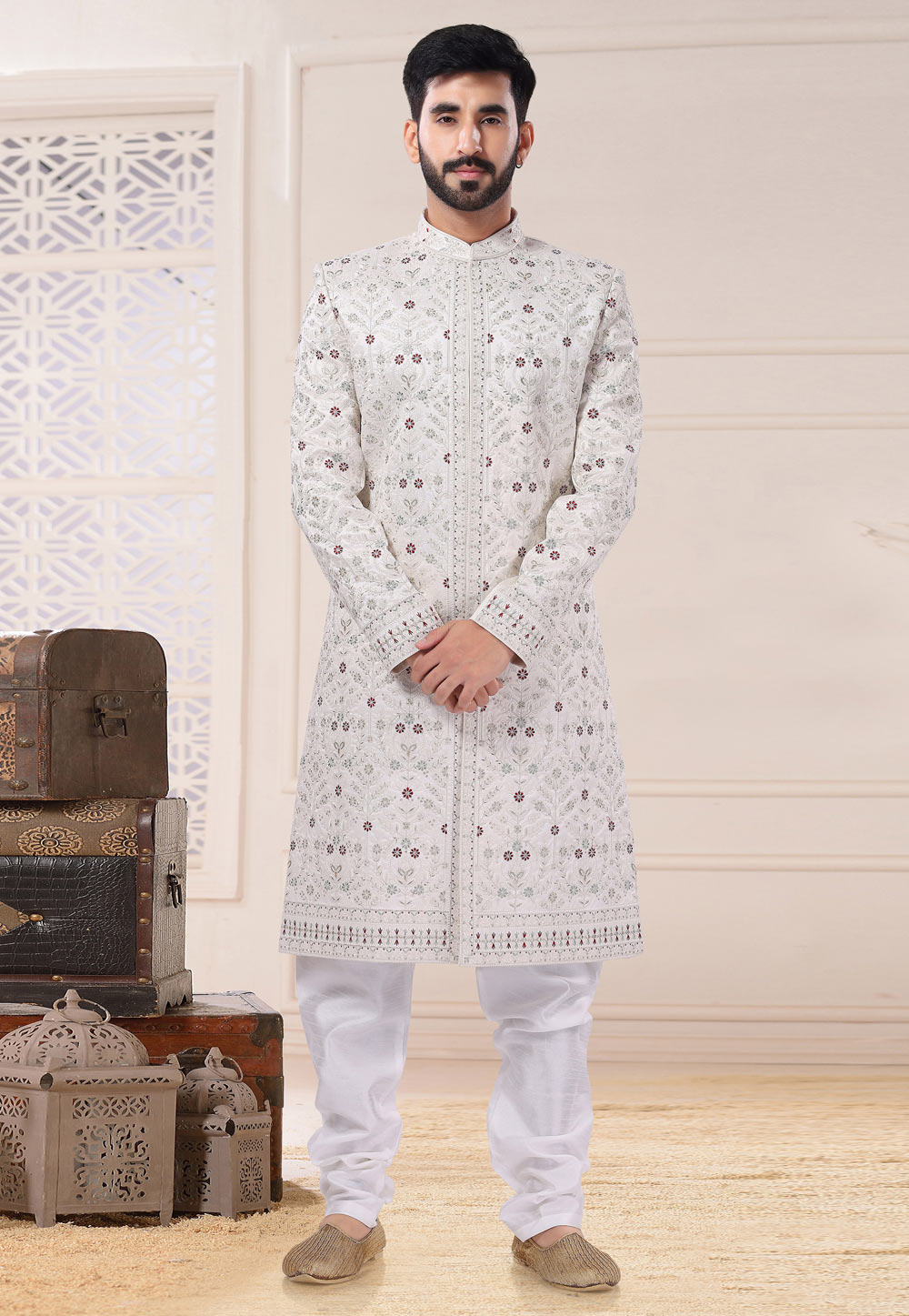 Off White Silk Achkan Style Sherwani 260211