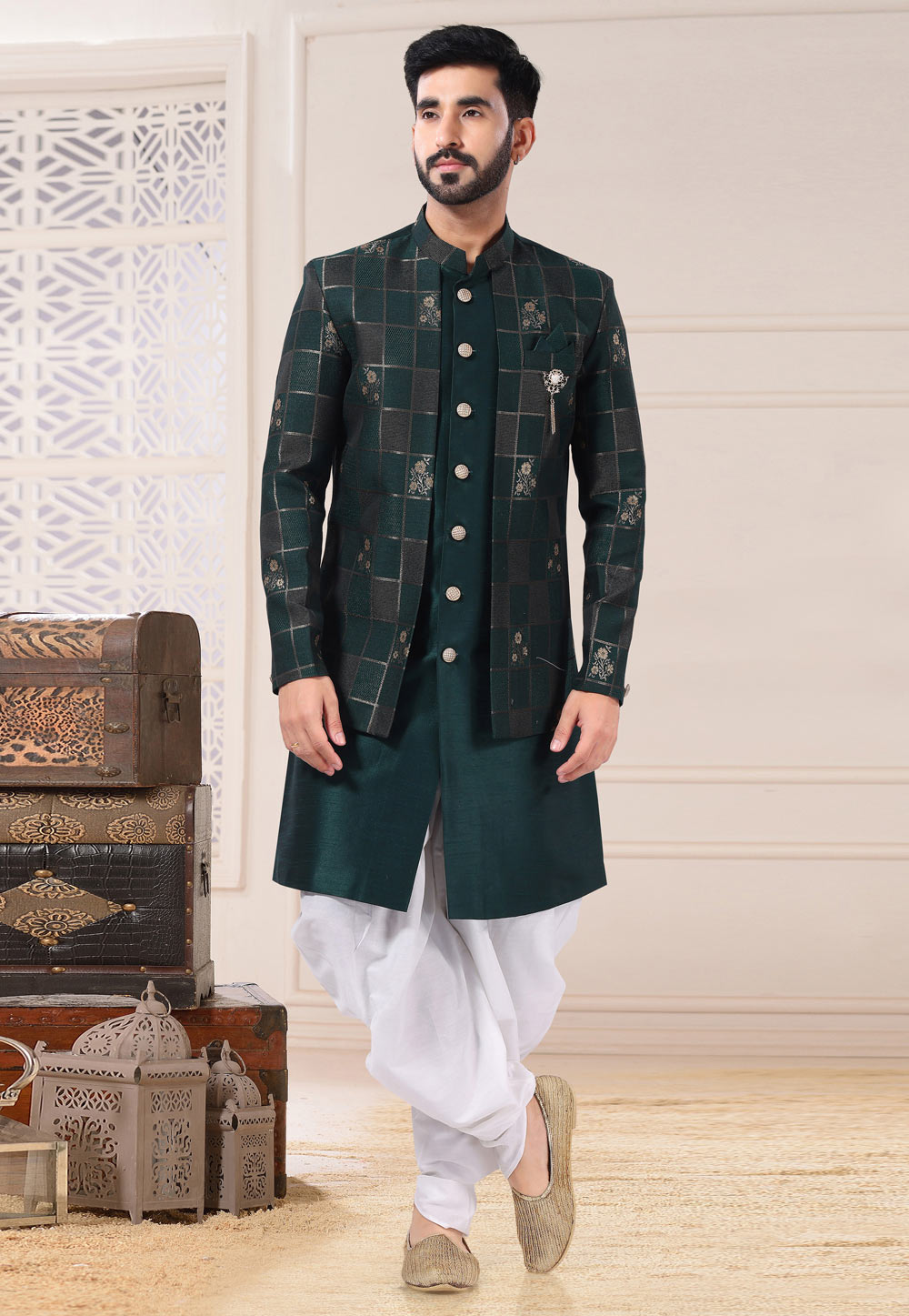 Green Silk Jacket Style Sherwani 260212
