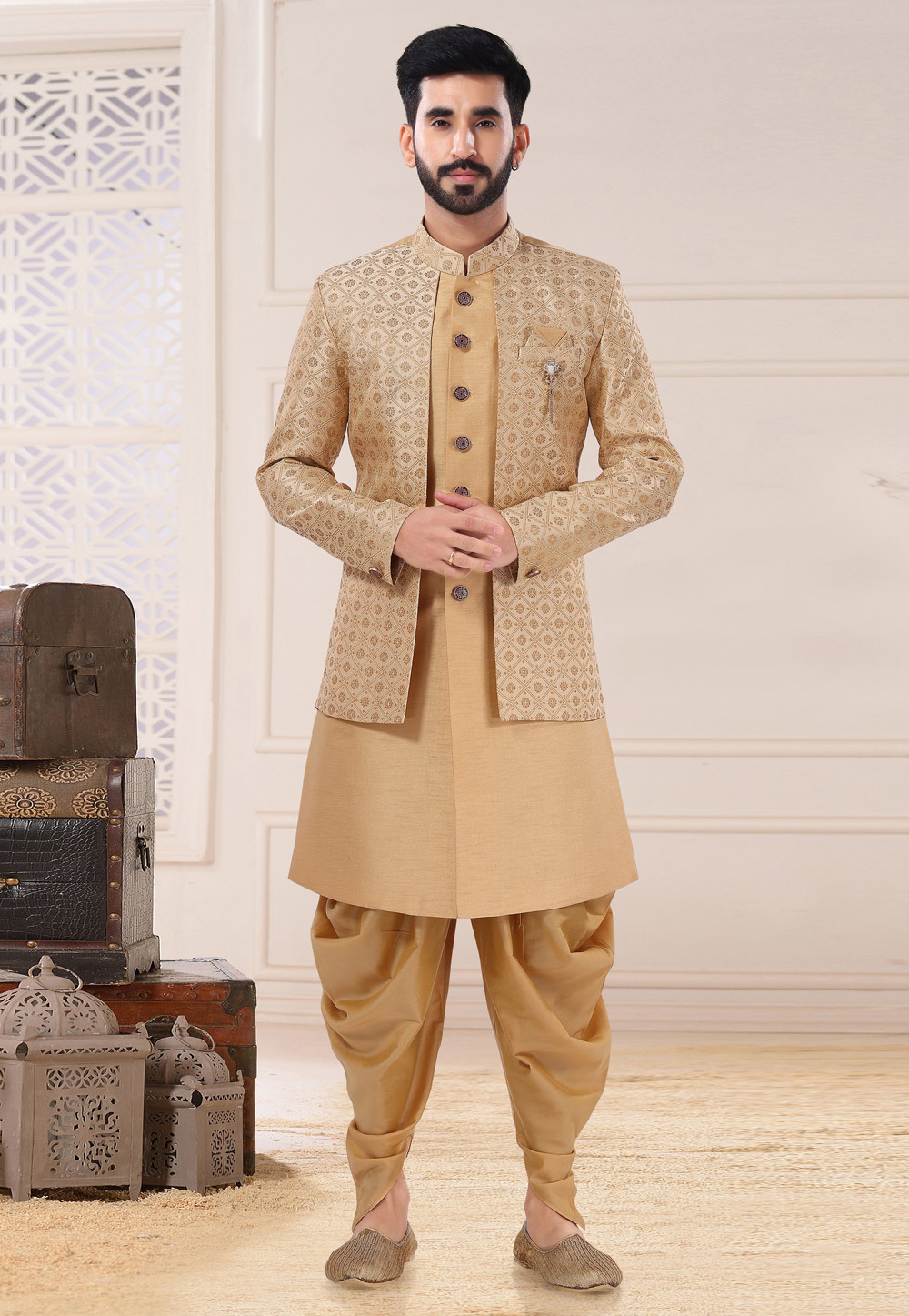 Golden Silk Jacket Style Sherwani 260214