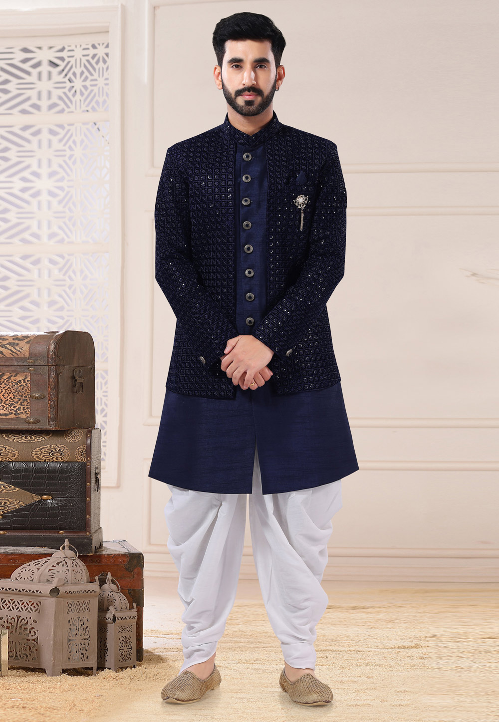 Navy Blue Silk Jacket Style Sherwani 260216
