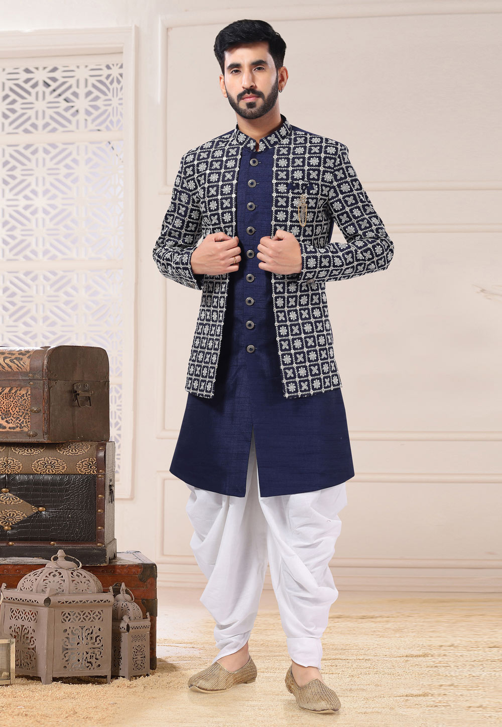 Navy Blue Silk Jacket Style Sherwani 260241