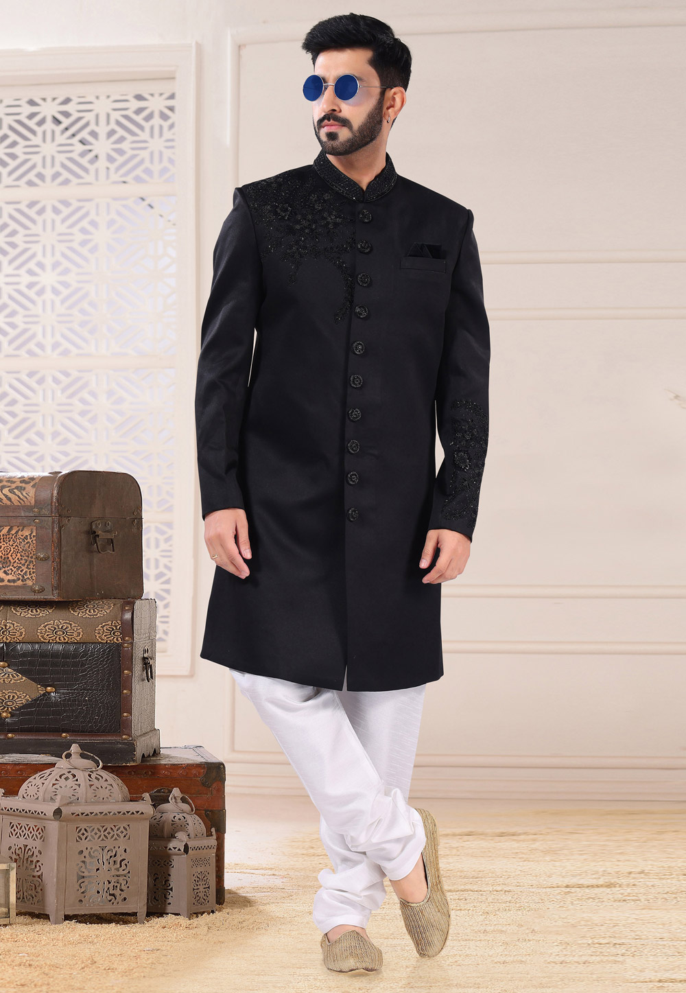 Black Jacquard Achkan Style Sherwani 260269