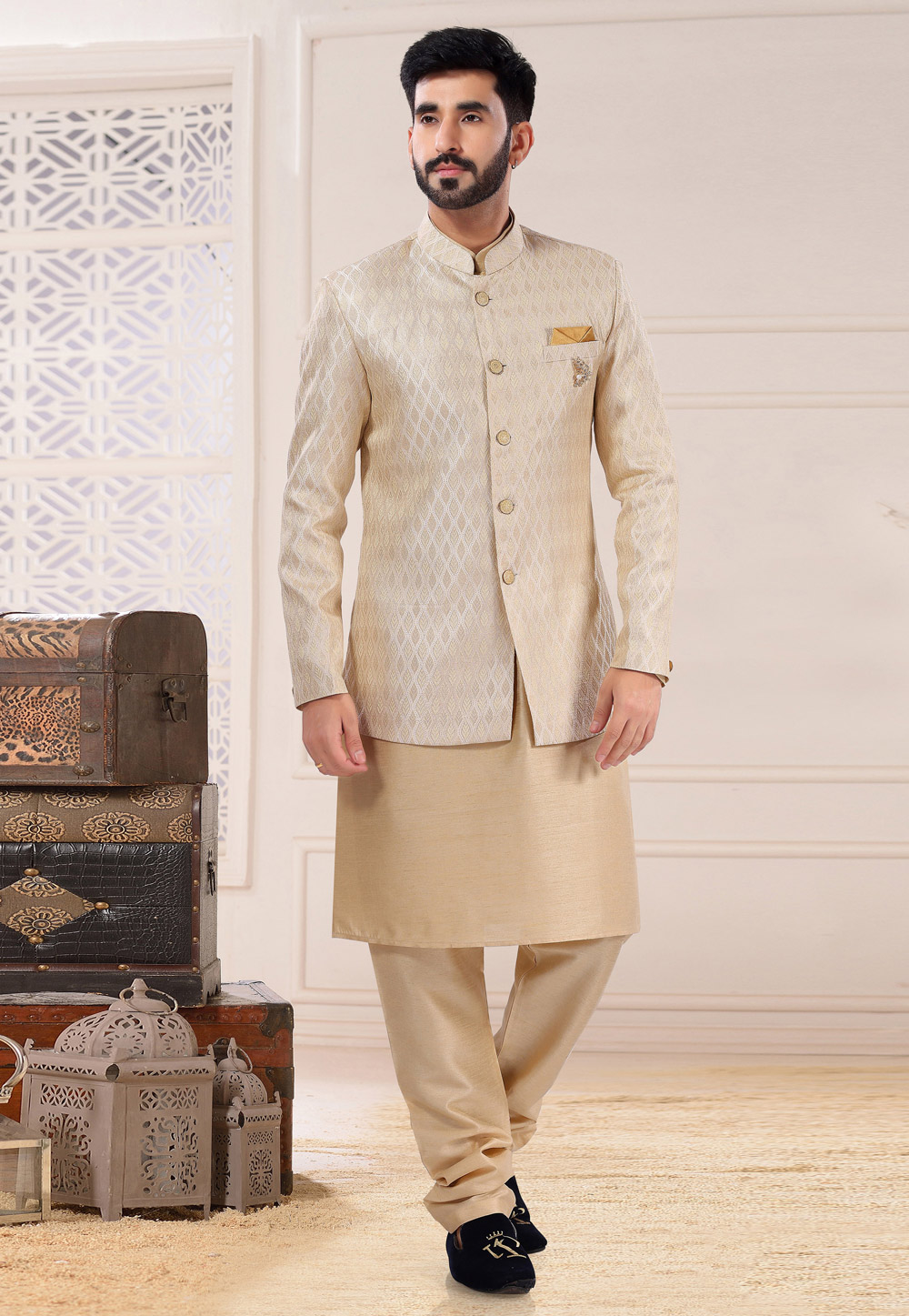 Beige Silk Kurta Pajama With Jacket 260279