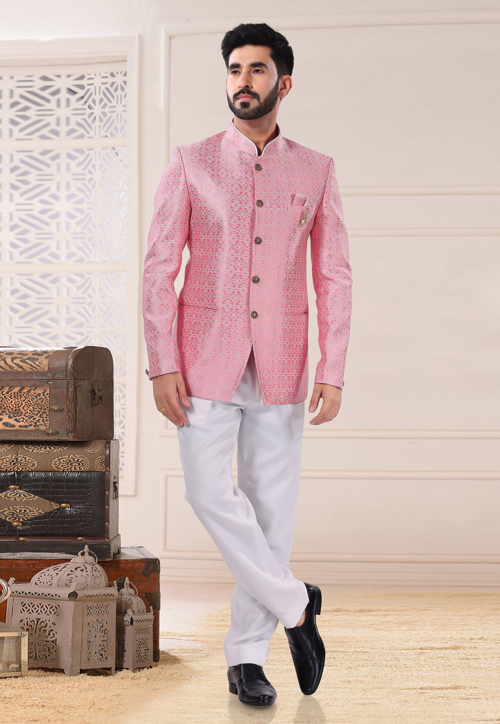 Pink Jacquard Jodhpuri Suit 260280