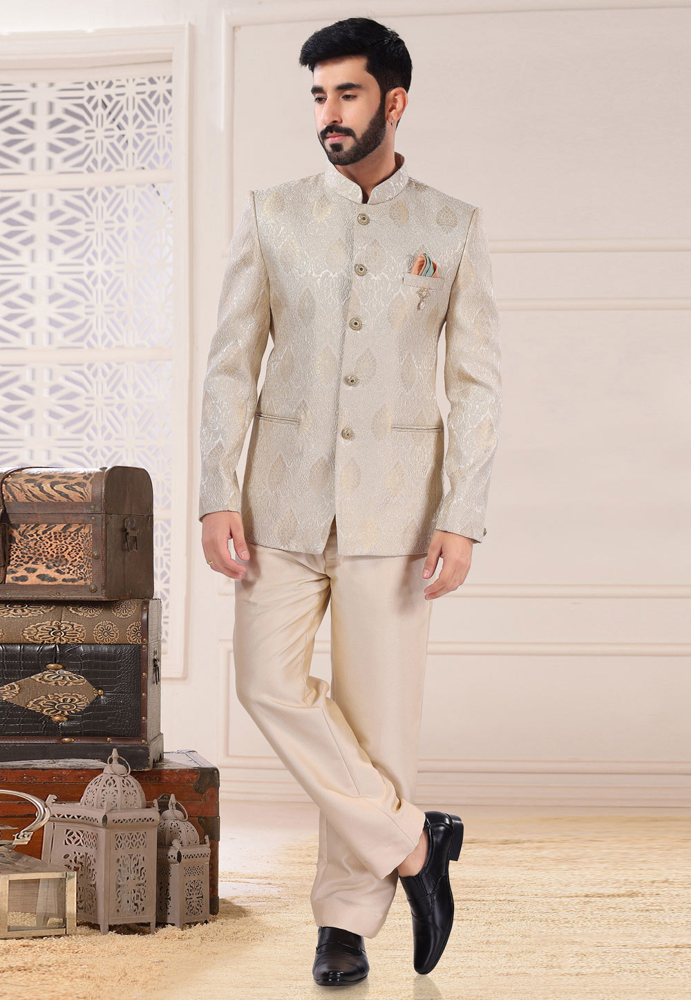Cream Jacquard Jodhpuri Suit 260281
