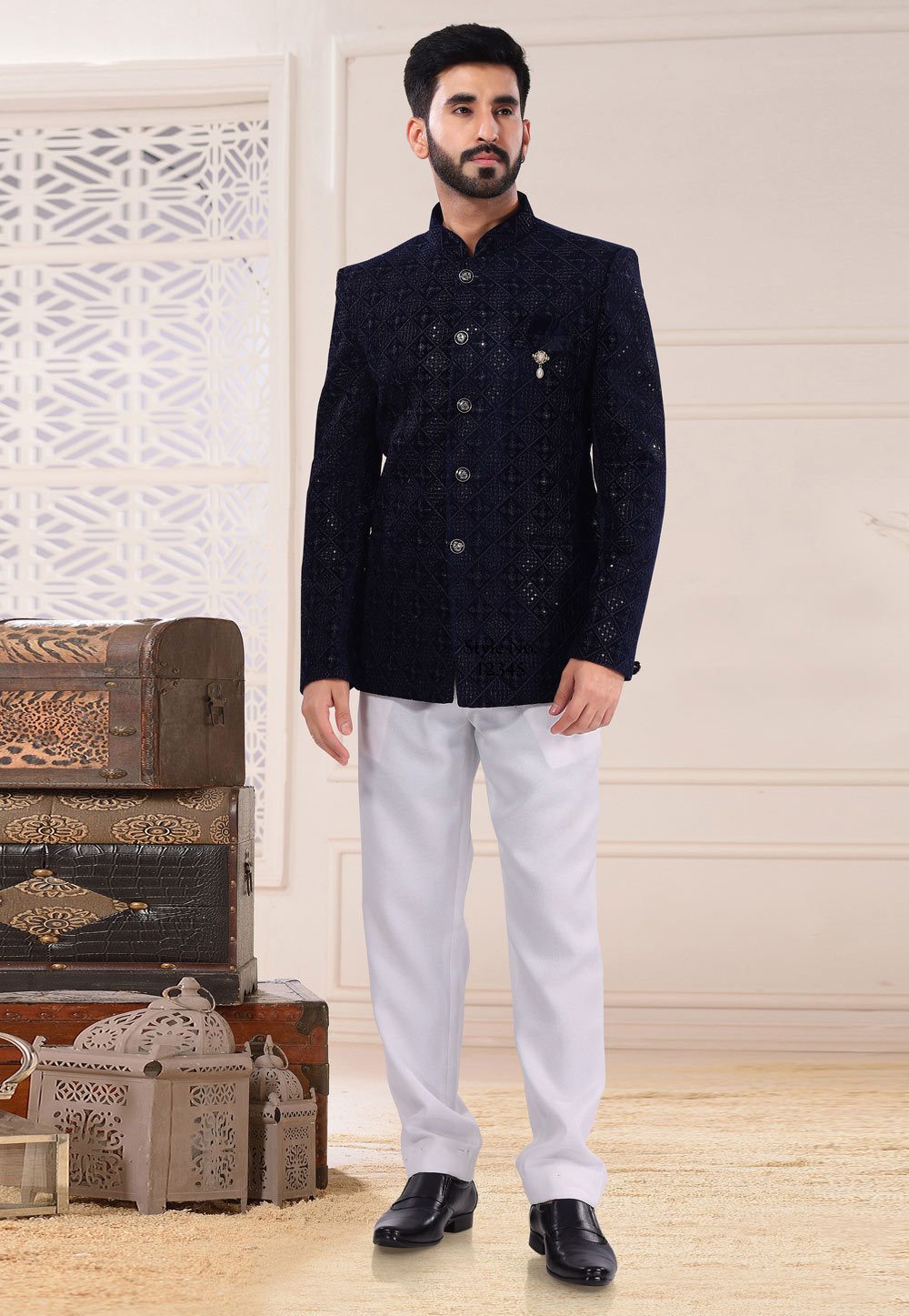 Navy Blue Velvet Jodhpuri Suit 260283