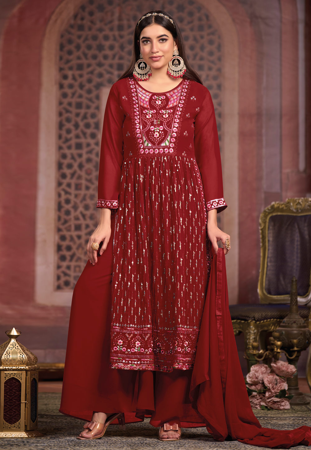 Maroon Georgette Readymade Palazzo Suit 260327