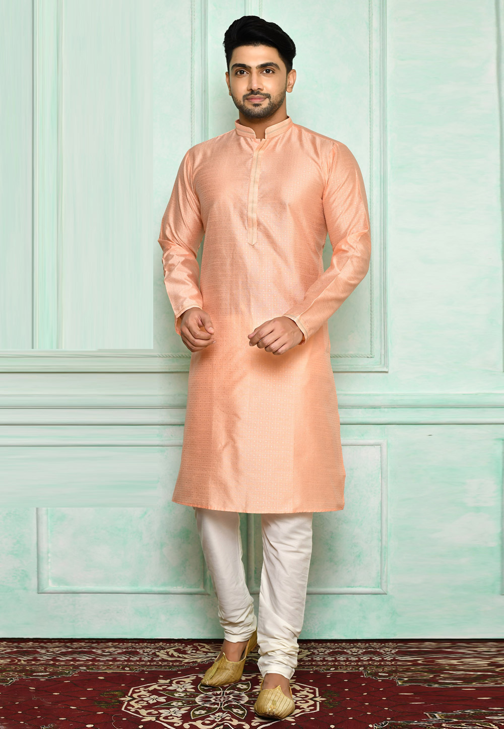 Peach Art Silk Kurta Pajama 250573