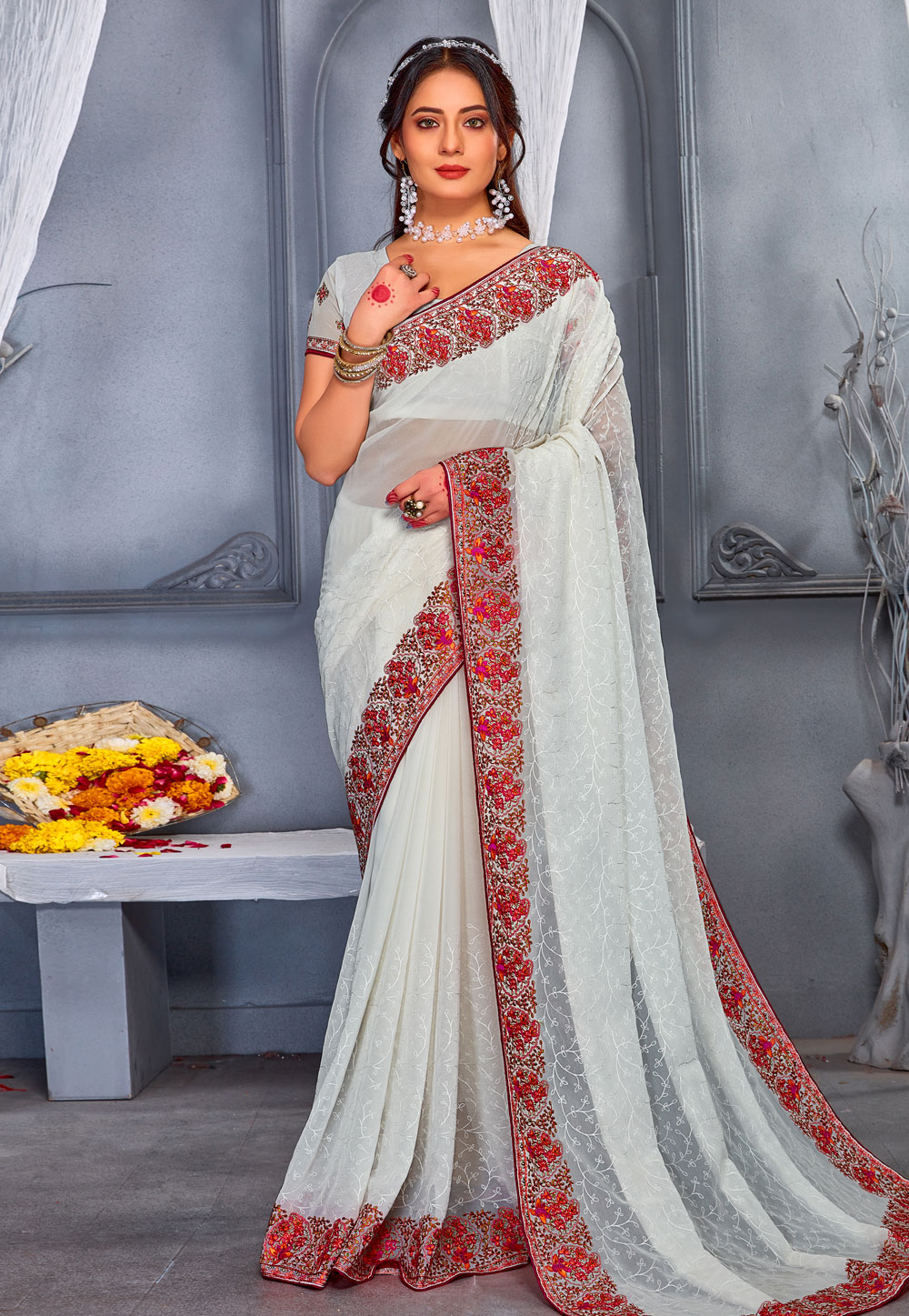 Off White Georgette Saree With Blouse 254821