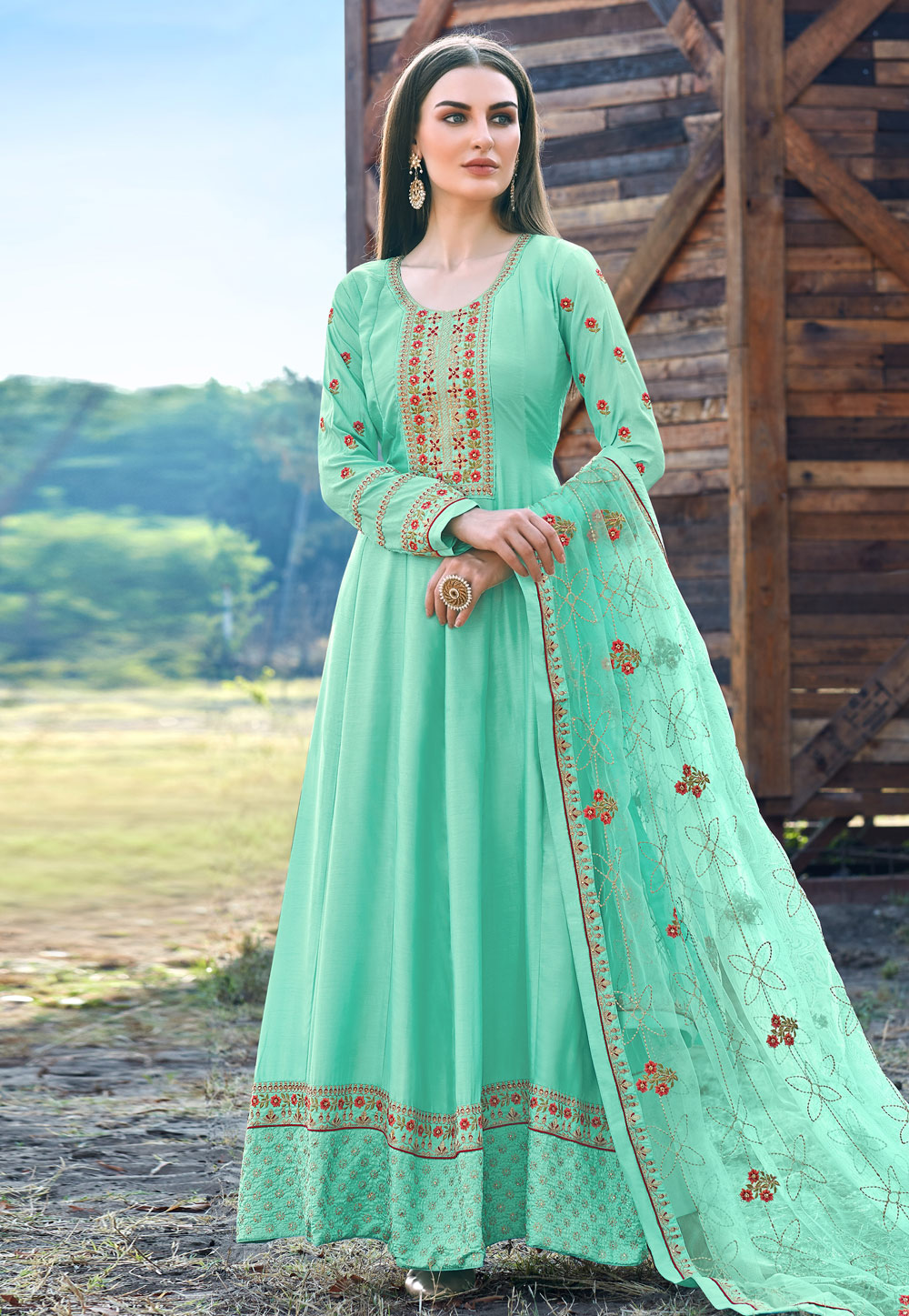 Turquoise Silk Ankle Length Anarkali Suit 209969