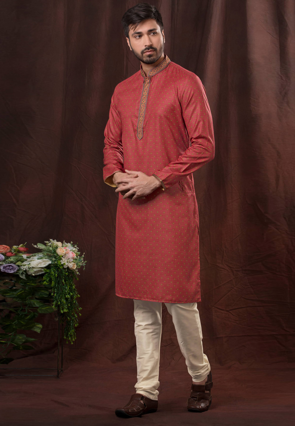 Red Cotton Readymade Kurta Pajama 260852