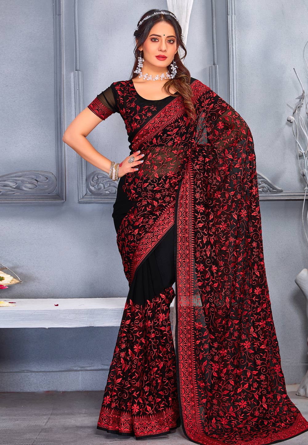 Buy Red & Black Sarees for Women by YASHIKA Online | Ajio.com