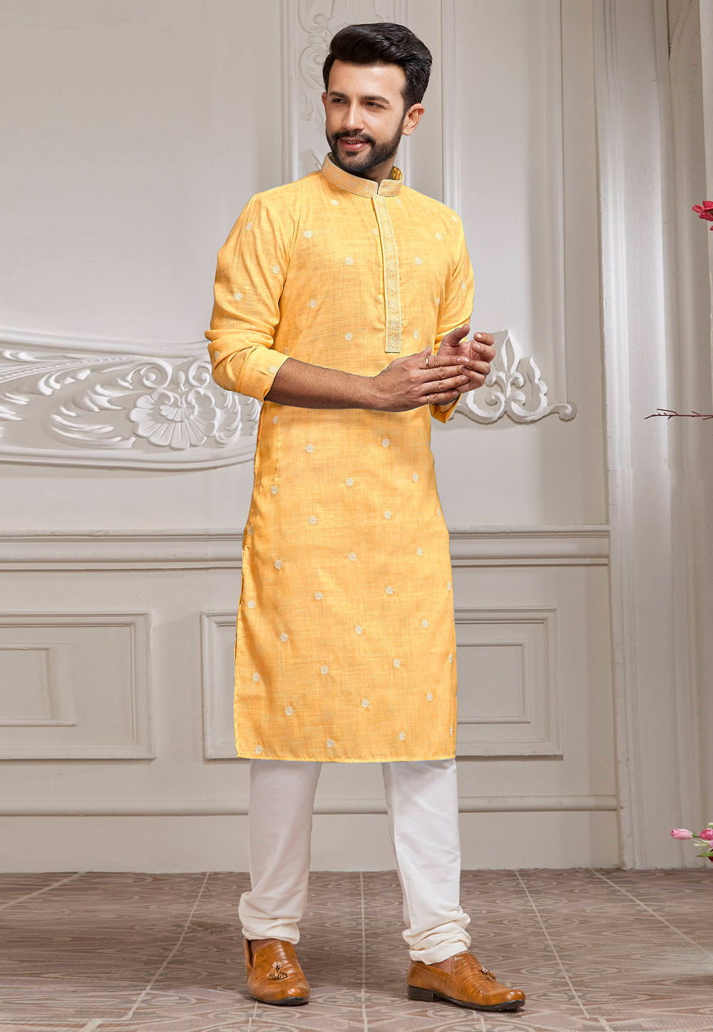 Yellow Cotton Readymade Kurta Pajama 260873