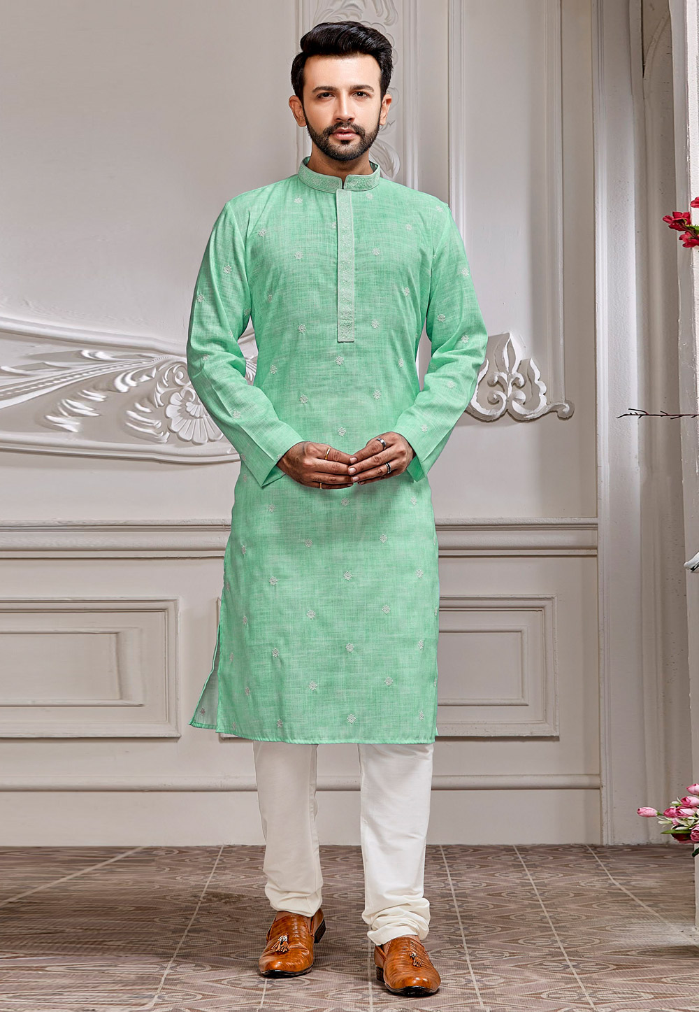 Light Green Cotton Readymade Kurta Pajama 260876