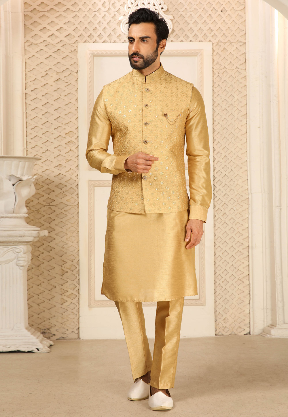 SOJANYA Men Cream-Coloured & Golden Embroidered Nehru Jacket - Absolutely  Desi