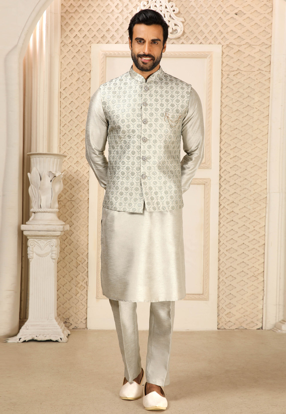 Grey Banarasi Silk Kurta Pajama With Jacket 251954