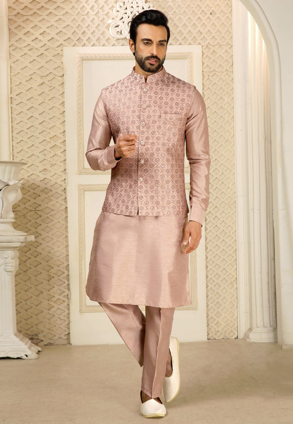 Pink Banarasi Silk Kurta Pajama With Jacket 251955