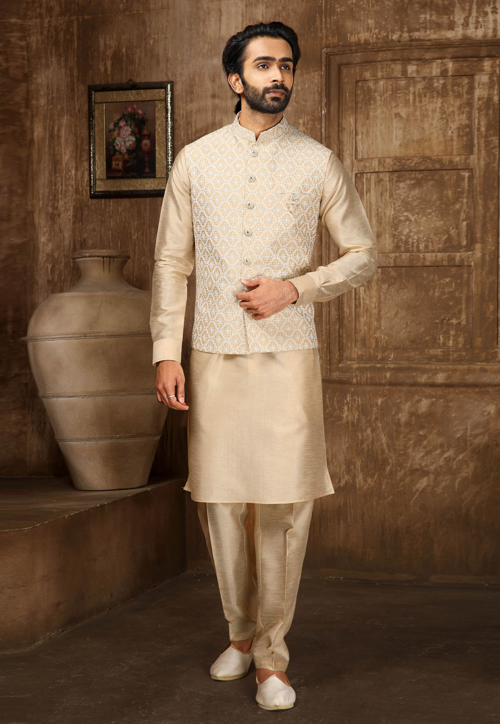 Beige Banarasi Silk Kurta Pajama With Jacket 251956