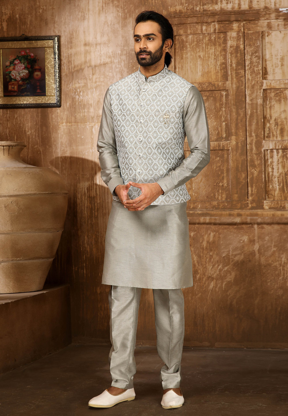 Grey Banarasi Silk Kurta Pajama With Jacket 251957