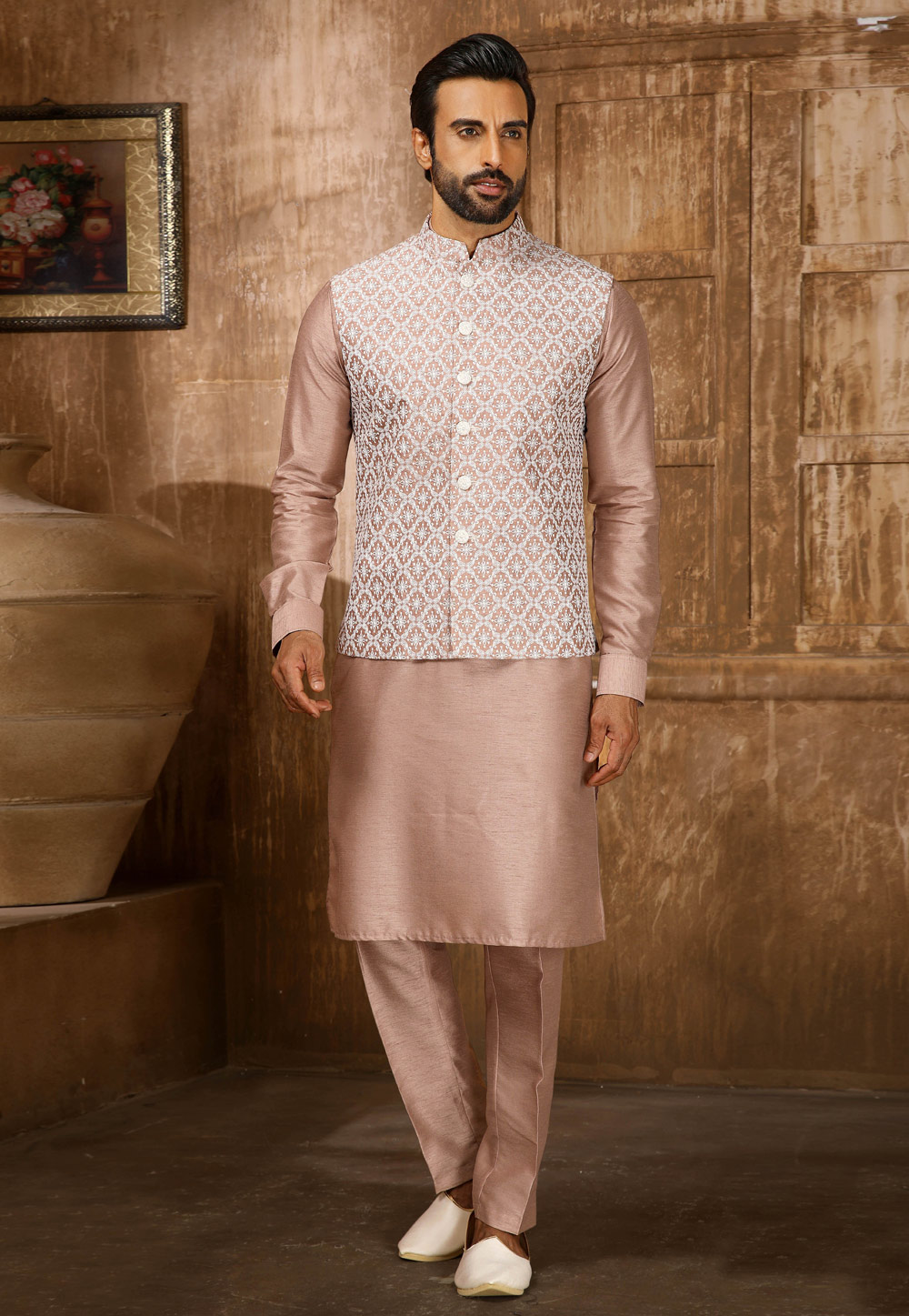 Pink Banarasi Silk Kurta Pajama With Jacket 251958