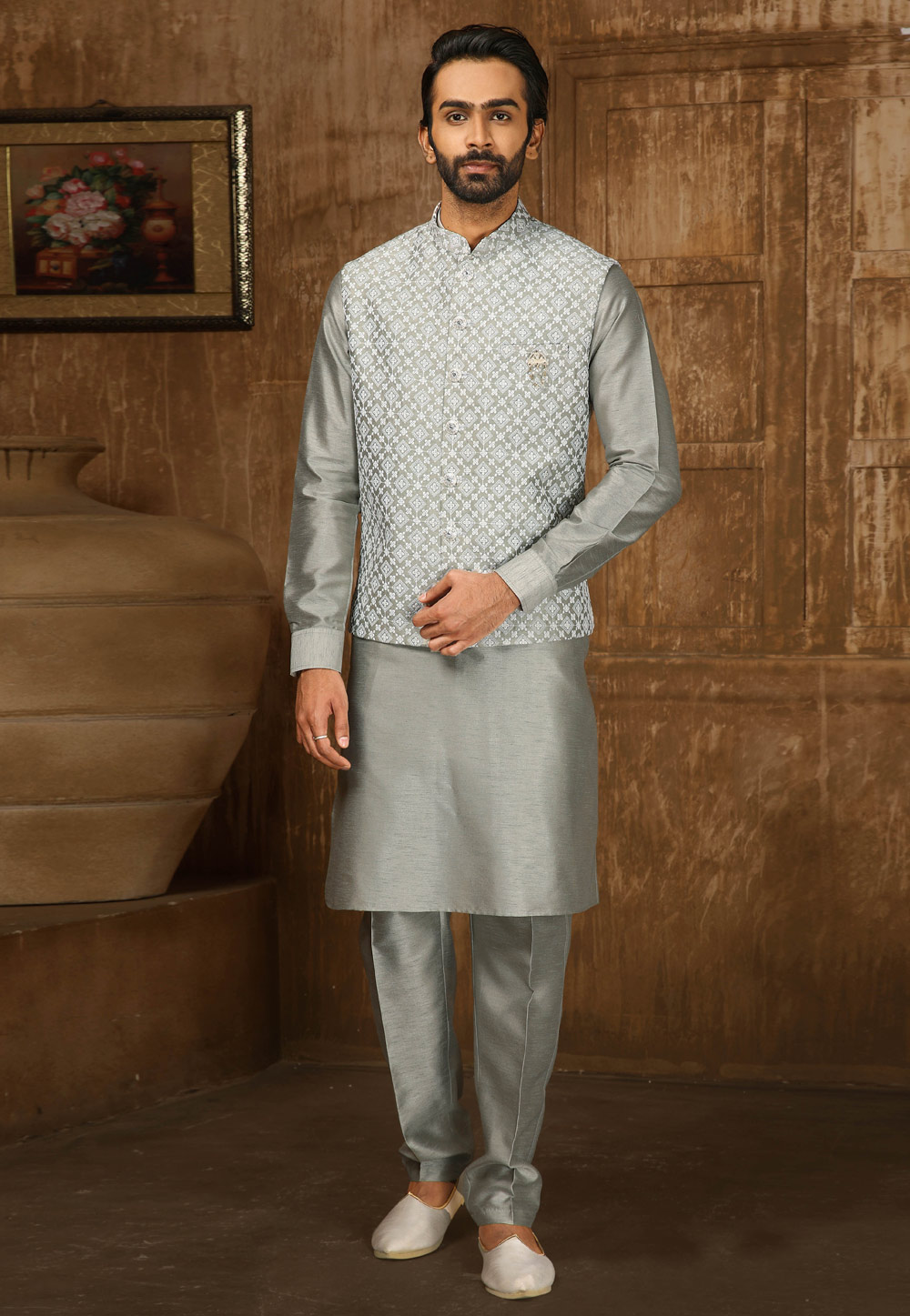 Grey Banarasi Silk Kurta Pajama With Jacket 251961