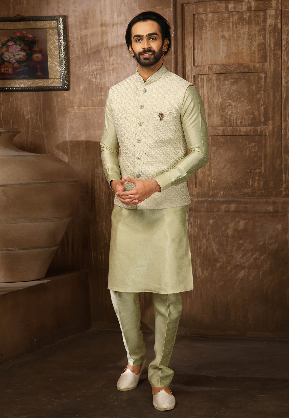 Pista Green Banarasi Silk Kurta Pajama With Jacket 251965