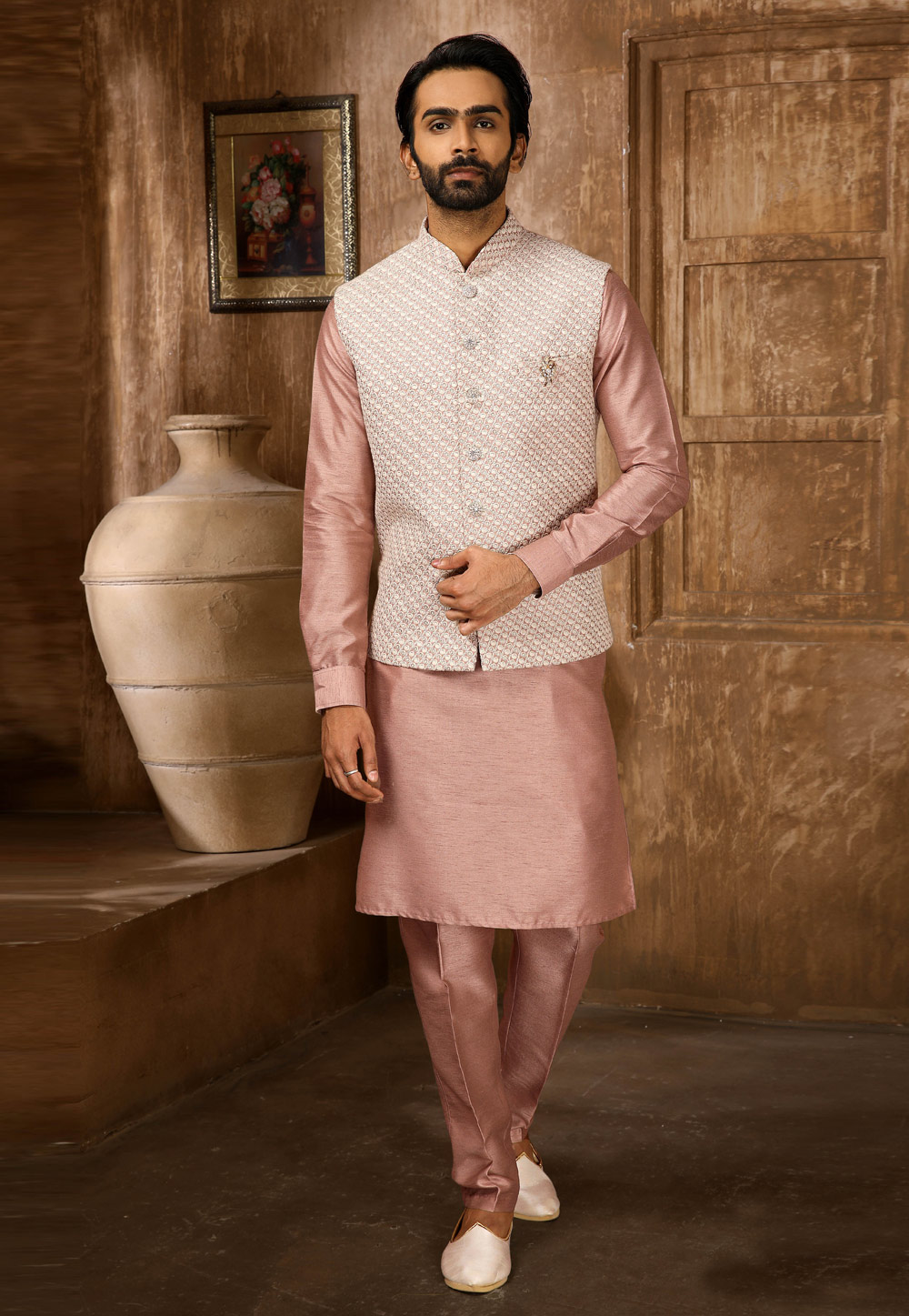 Pink Banarasi Silk Kurta Pajama With Jacket 251966
