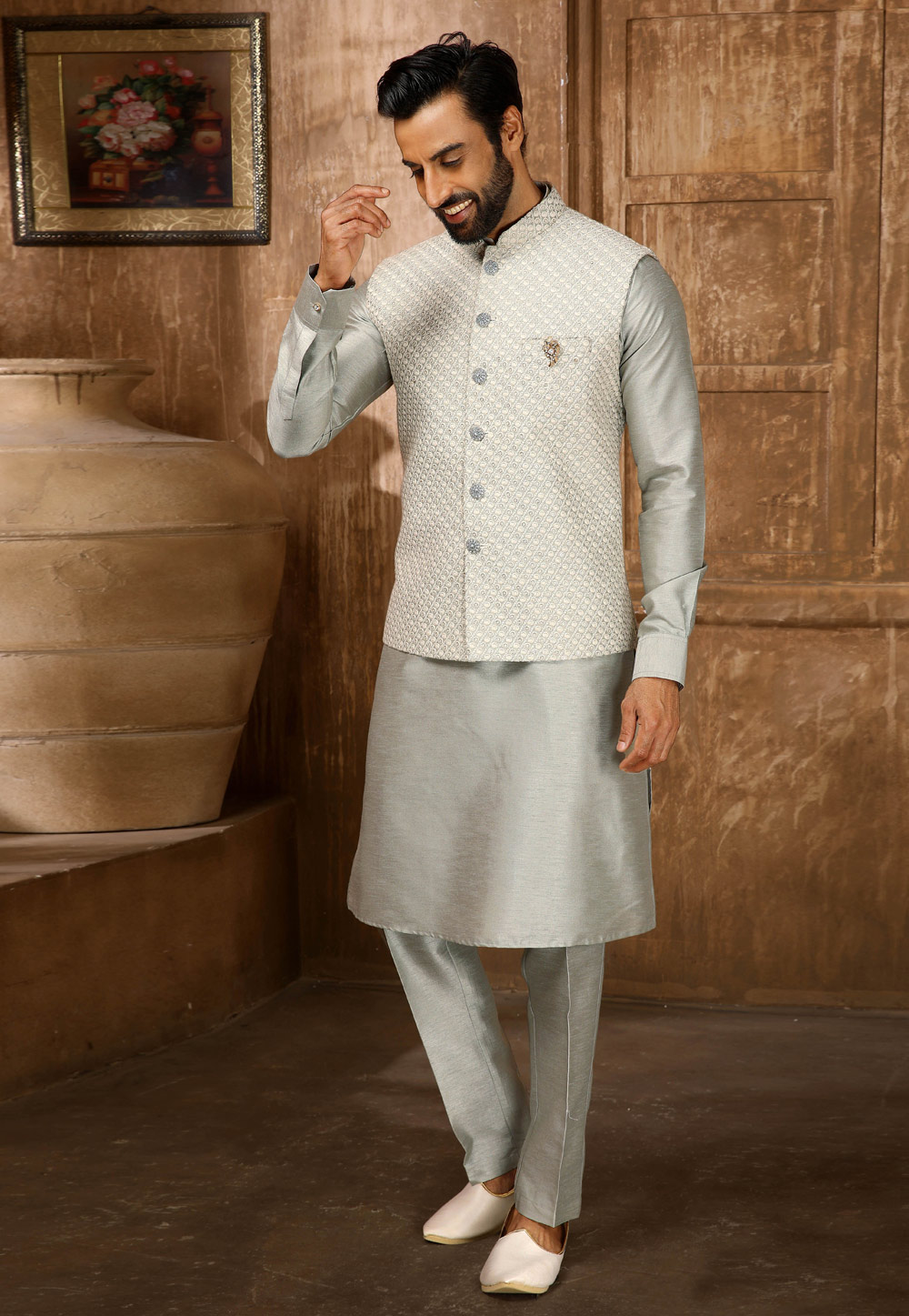 Grey Banarasi Silk Kurta Pajama With Jacket 251967