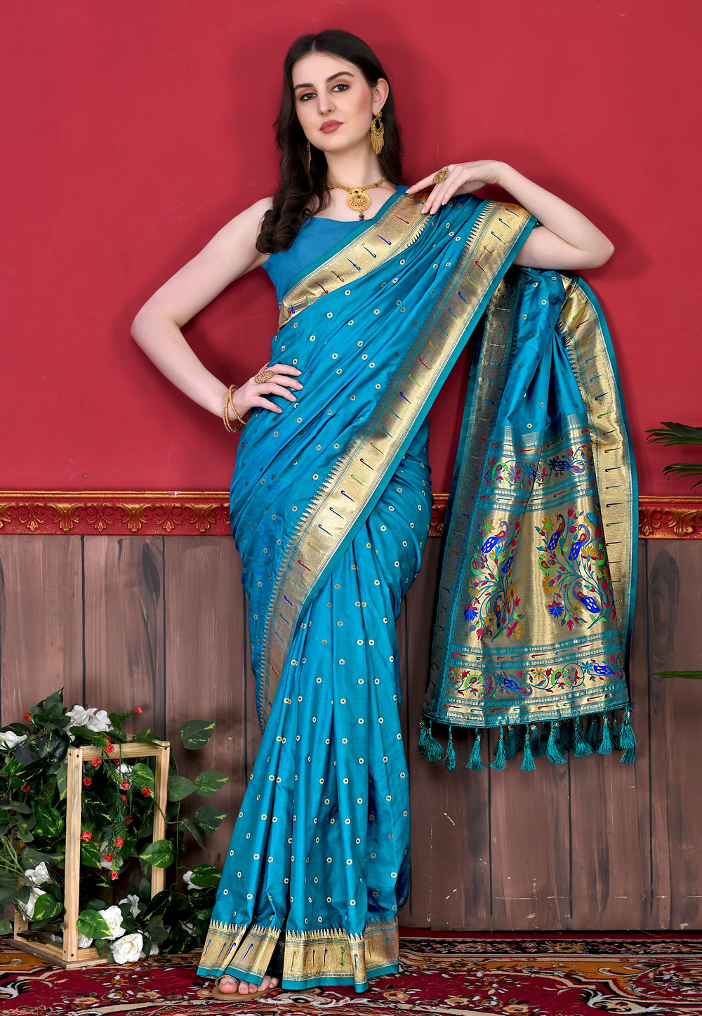 Wedding Wear Paithani Silk Sky Blue Weaved Zari Saree SARV160326