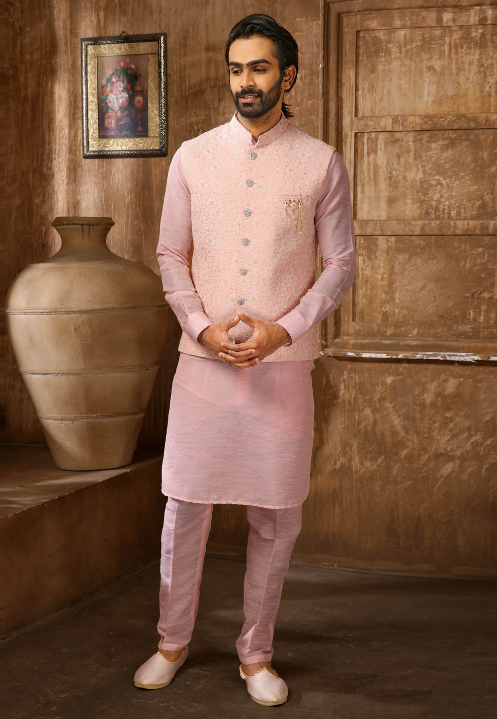 Pink Banarasi Silk Kurta Pajama With Jacket 251972