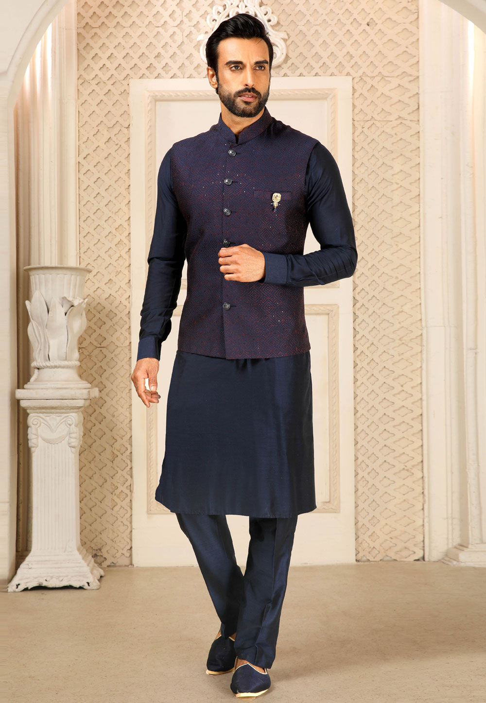 Navy Blue Banarasi Silk Kurta Pajama With Jacket 251983