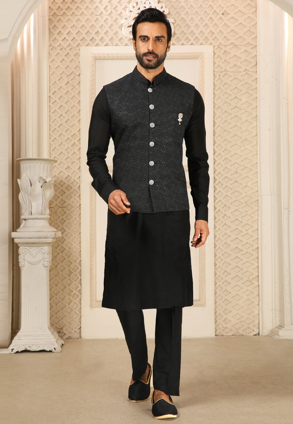 Black Banarasi Silk Kurta Pajama With Jacket 251985