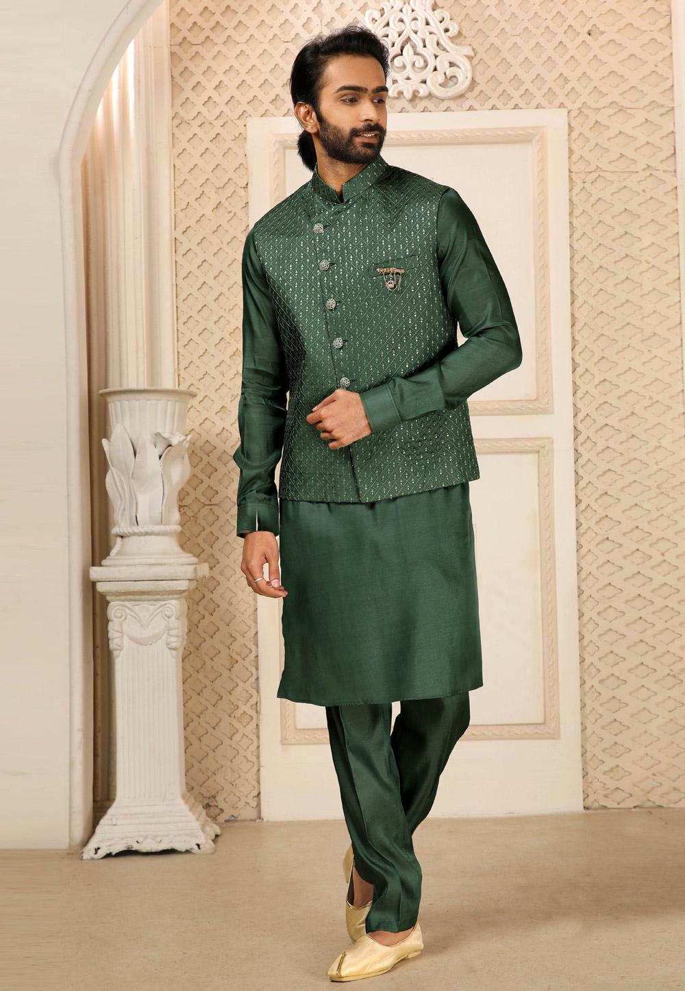 Green Banarasi Silk Kurta Pajama With Jacket 251986
