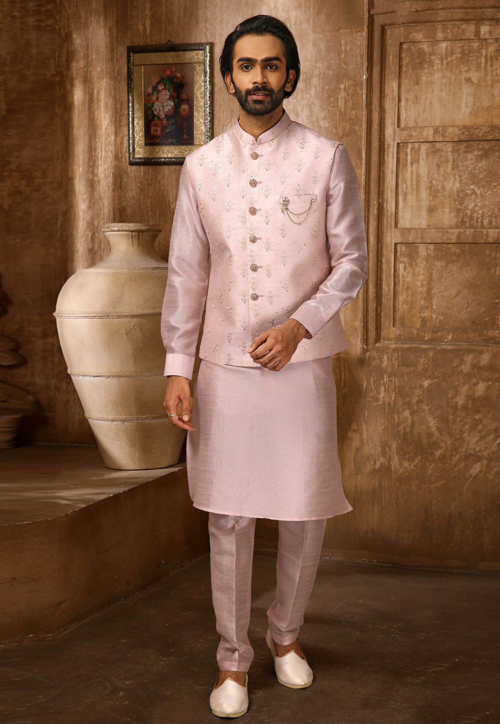 Pink Banarasi Silk Kurta Pajama With Jacket 251990