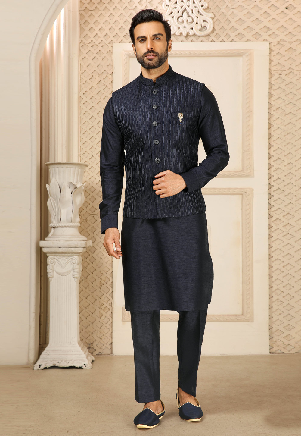 Navy Blue Banarasi Silk Kurta Pajama With Jacket 251992