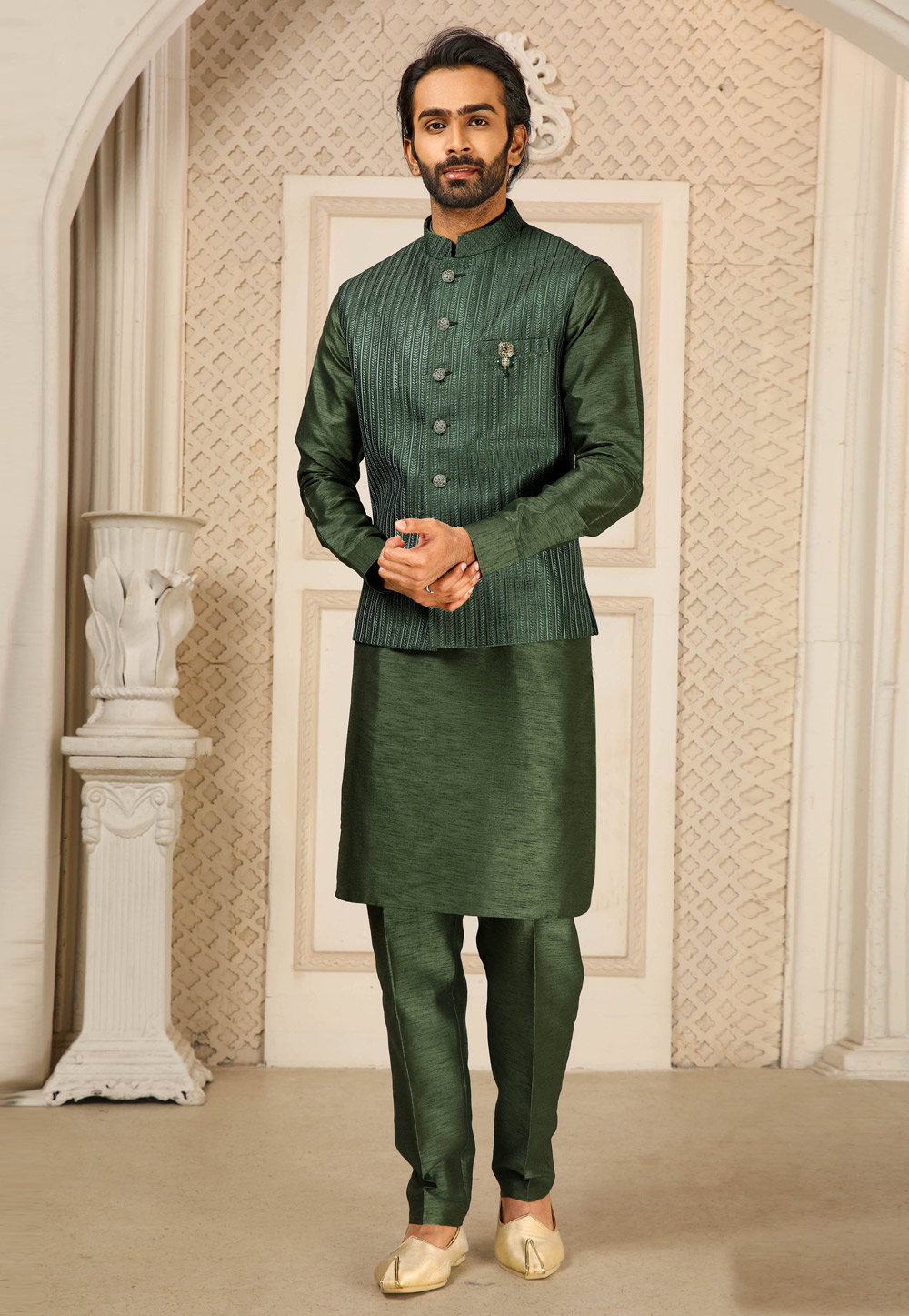 Green Banarasi Silk Kurta Pajama With Jacket 251993