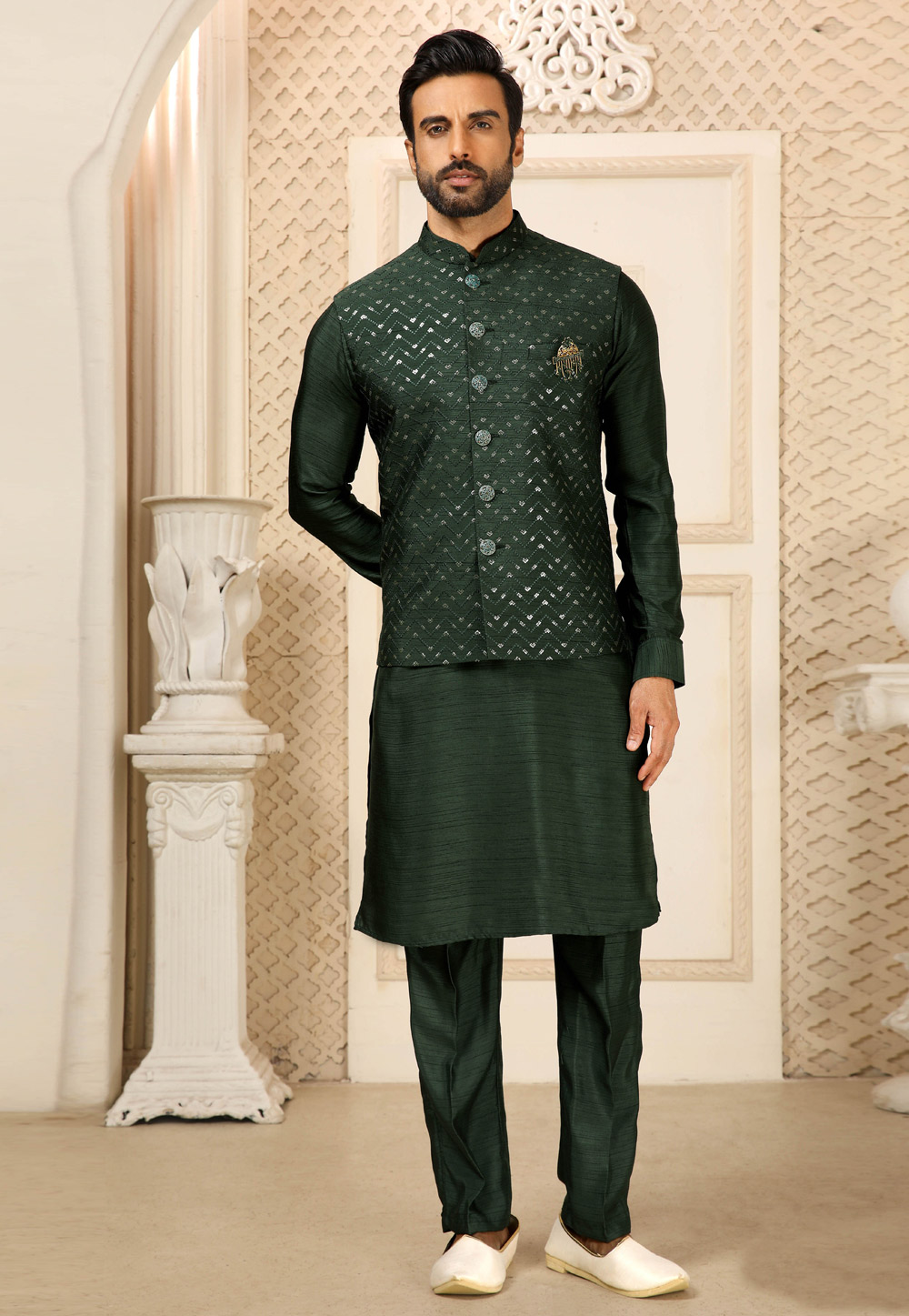 Green Banarasi Silk Kurta Pajama With Jacket 251664
