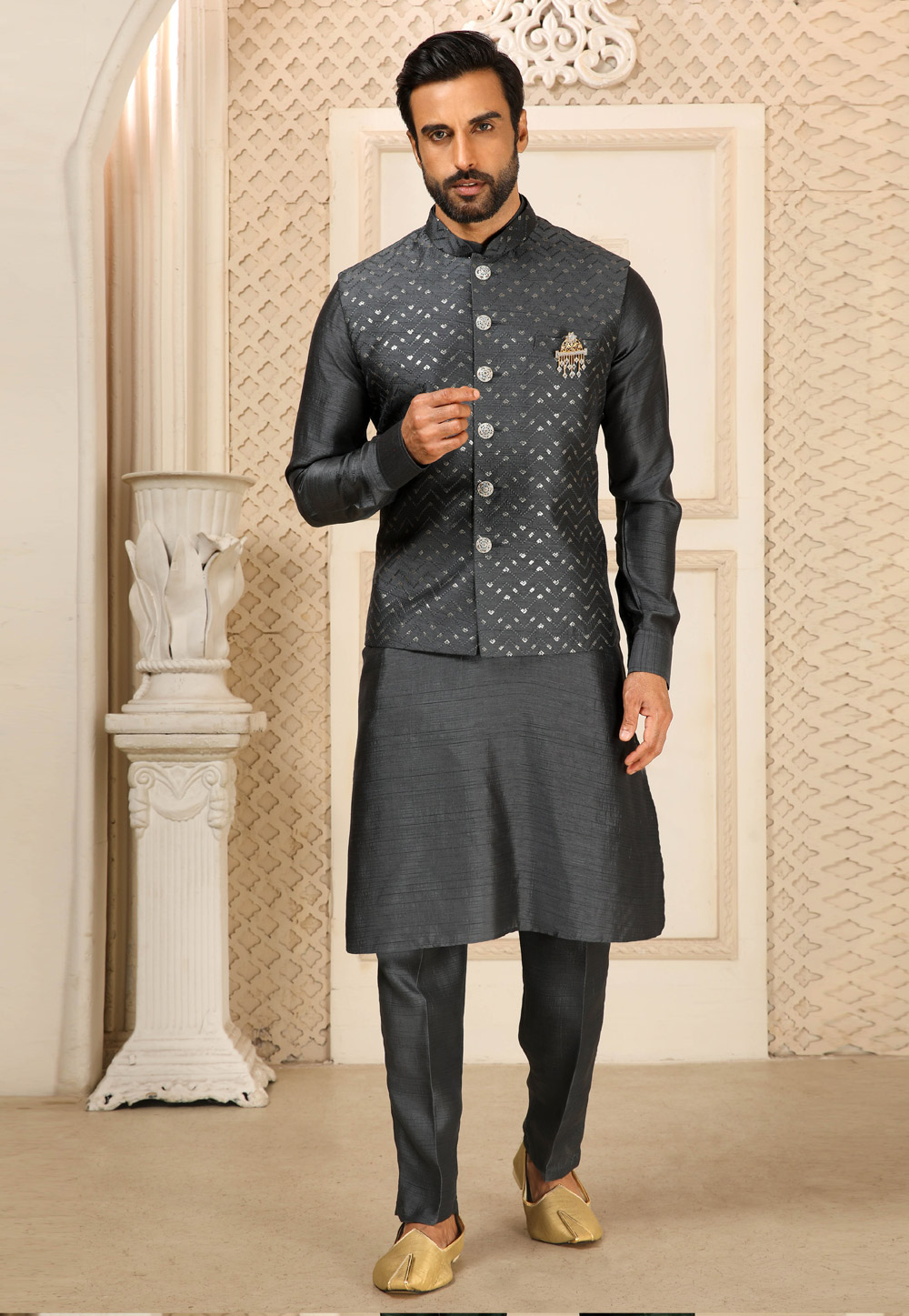Grey Banarasi Silk Kurta Pajama With Jacket 251665